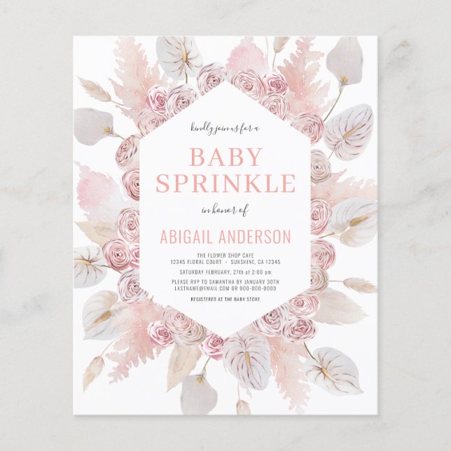 Budget Boho Baby Sprinkle Blush Pink Invitation  Flyer (Front)