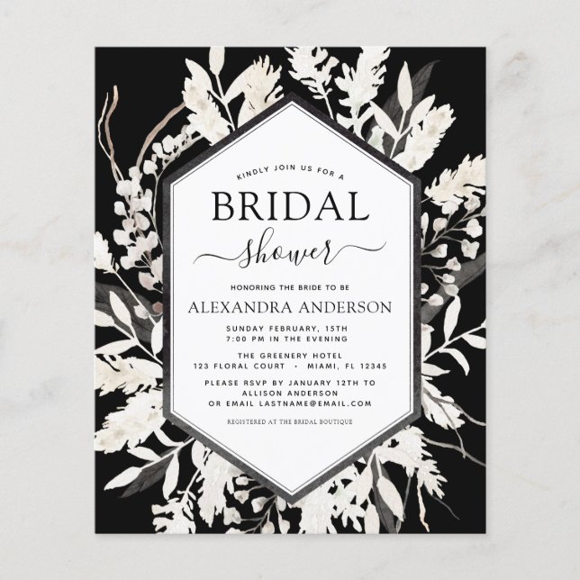 Budget Boho Beige Black Botanical Bridal Shower Flyer (Front)
