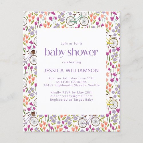 Budget Boho Bicycle Floral Baby Shower Invite