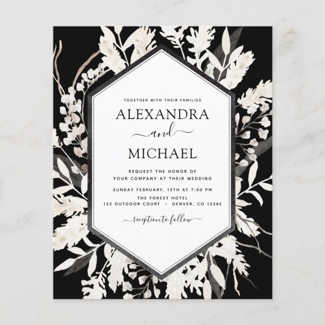Budget Boho Black  Beige Botanical Wedding Flyer (Front)