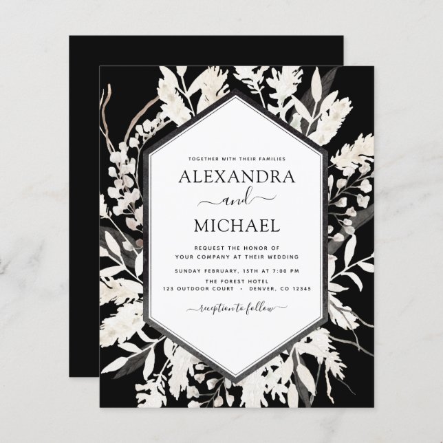 Budget Boho Black Botanical Wedding Invitation (Front/Back)
