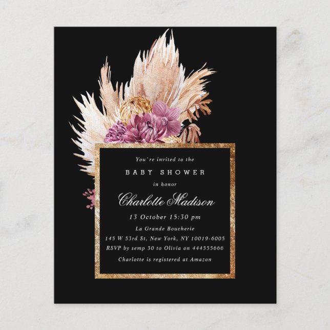 Budget Boho Black, Gold  Baby Shower Invitation (Front)
