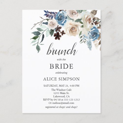 Budget Boho Blue Beige Flower Brunch Bridal Shower Invitation Postcard