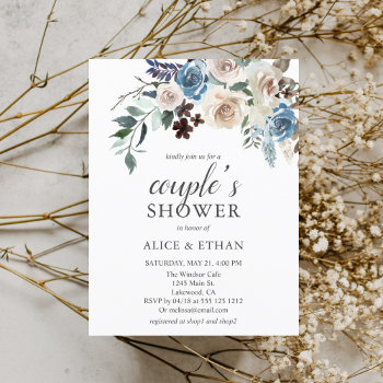 Budget Boho Blue Neutral Flower Couples Shower Invitation Postcard by CrispinStore at Zazzle
