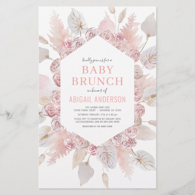 Budget Boho Blush Pink Baby Brunch Invitation  Flyer (Front)