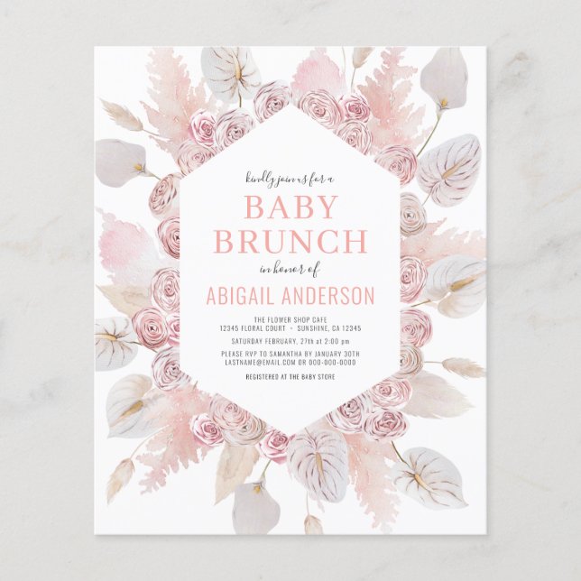 Budget Boho Blush Pink Baby Brunch Invitation  Flyer (Front)
