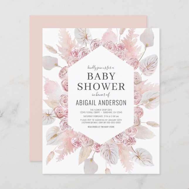 Budget Boho Blush Pink Baby Shower Invitation (Front/Back)