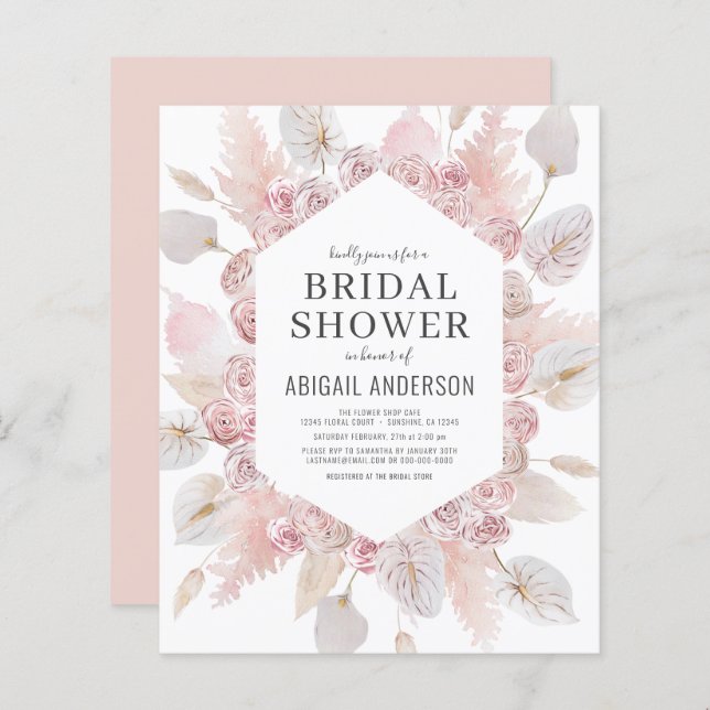 Budget Boho Blush Pink Bridal Shower Invitation (Front/Back)