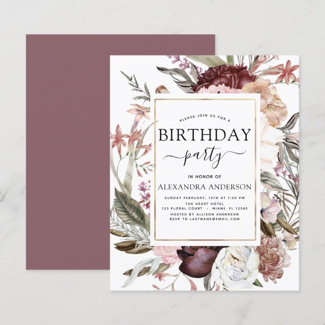 Budget Boho Burgundy Any Age Birthday Invitation (Front/Back)