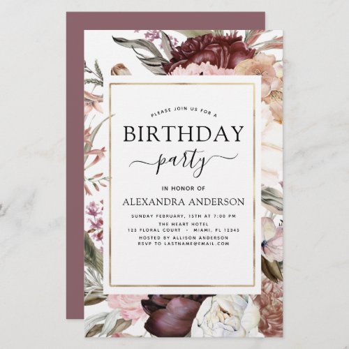 Budget Boho Burgundy Any Age Birthday Invitation