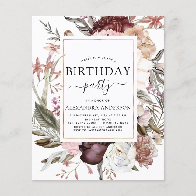 Budget Boho Burgundy Any Age Birthday Invitation Flyer (Front)