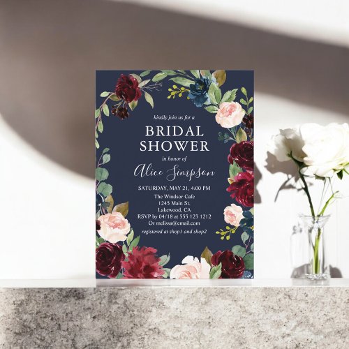 Budget Boho Burgundy Navy Blue Bridal Shower Invitation Postcard