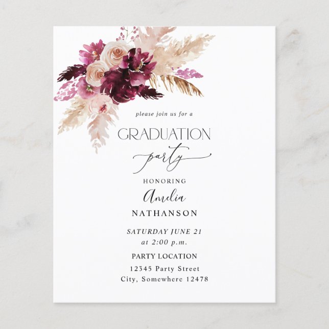 Budget Boho Burgundy& Pink Floral Graduation Party Flyer (Front)