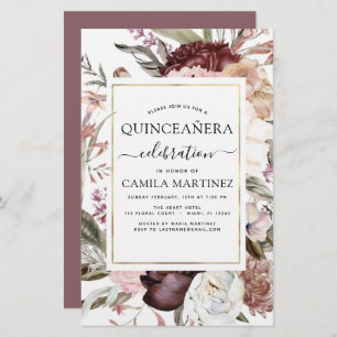 Budget Boho Burgundy Quinceañera Invitation