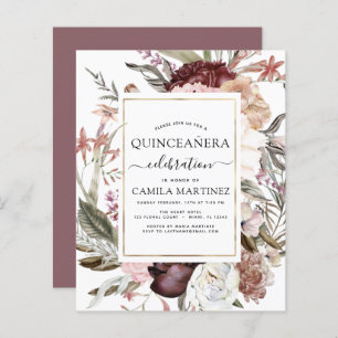 Budget Boho Burgundy Quinceañera Invitation