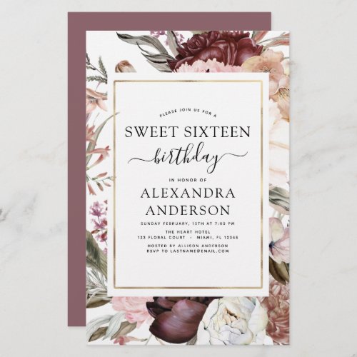 Budget Boho Burgundy Sweet 16 Birthday Invitation