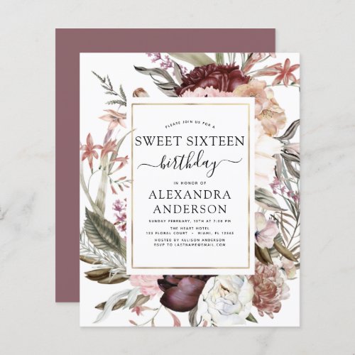 Budget Boho Burgundy Sweet 16 Birthday Invitation