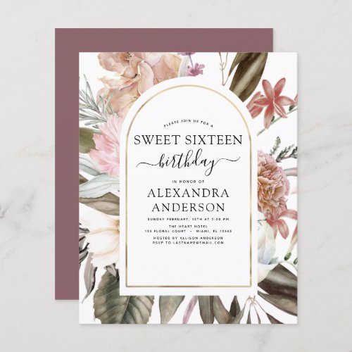 Budget Boho Burgundy Sweet 16 Birthday Invitation