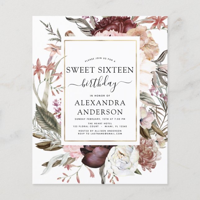 Budget Boho Burgundy Sweet 16 Birthday Invitation Flyer (Front)