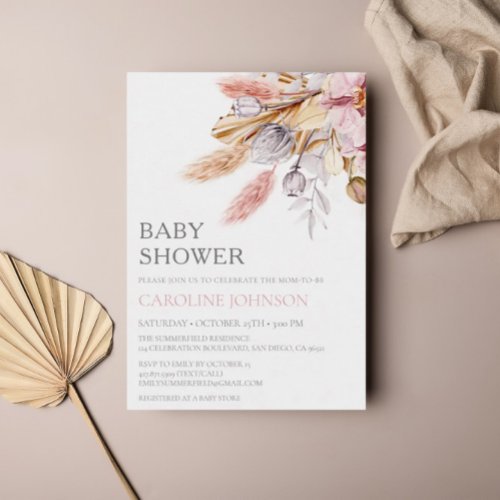 Budget Boho Chic Floral Pampas Grass Baby Shower Invitation