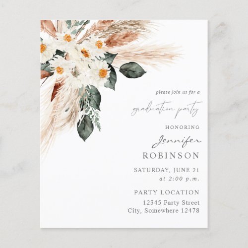 Budget Boho Copper Pampas Floral Graduation Party Flyer