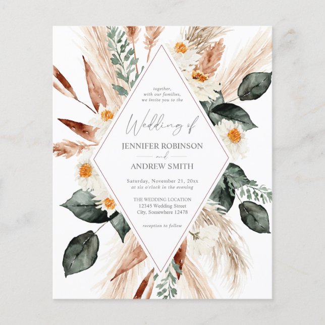 Budget Boho Copper Pampas Grass Wedding Flyer (Front)