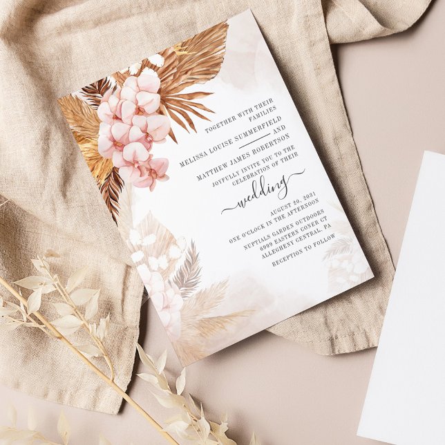 Budget Boho Dried Palms Pampas Grass Wedding (Pink Floral Wedding Pampas Grass Invitation)