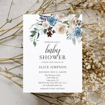 Budget Boho Dusty Blue Beige Flowers Baby Shower Invitation Postcard by CrispinStore at Zazzle