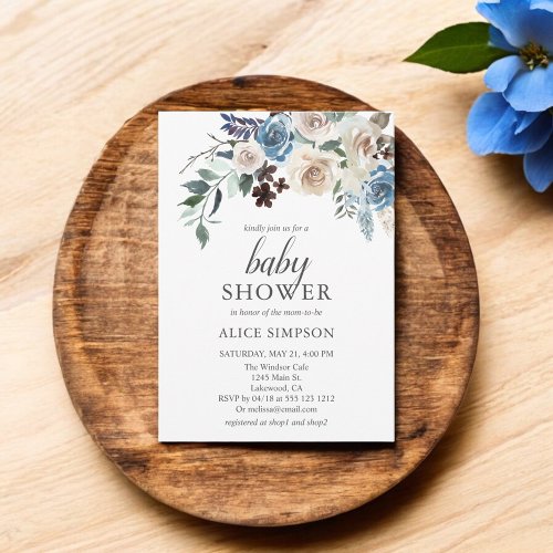 Budget Boho Dusty Blue Beige Flowers Baby Shower Invitation Postcard