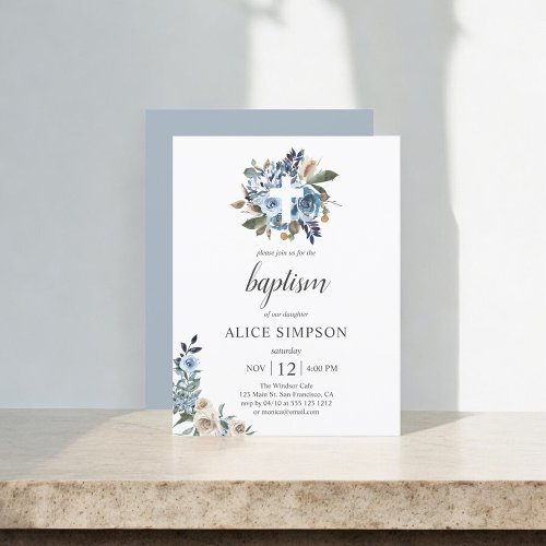 Budget Boho Dusty Blue Beige Flowers Baptism Invitation Postcard