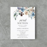 Budget Boho Dusty Blue Beige Flowers Sweet 16 Invitation Postcard<br><div class="desc">Boho dusty blue and beige neutral flowers with dried leaves.</div>