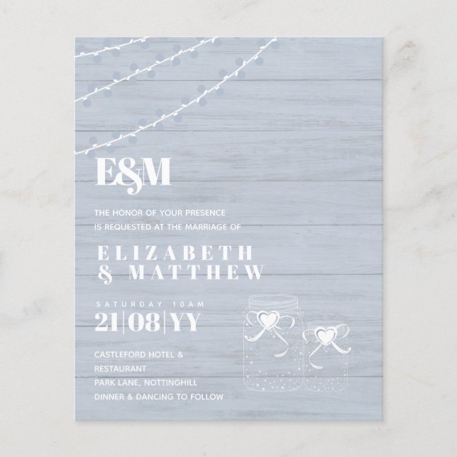 BUDGET BOHO Dusty Blue Driftwood MasonJars Wedding Flyer (Front)
