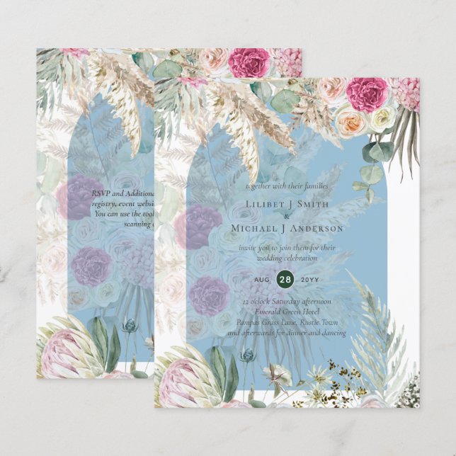BUDGET BOHO Dusty Blue Floral Pampas Grass Wedding (Front/Back)