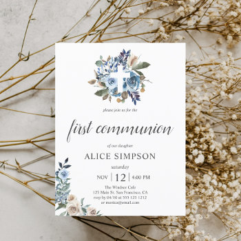 Budget Boho Dusty Blue Flowers First Communion Invitation Postcard by CrispinStore at Zazzle