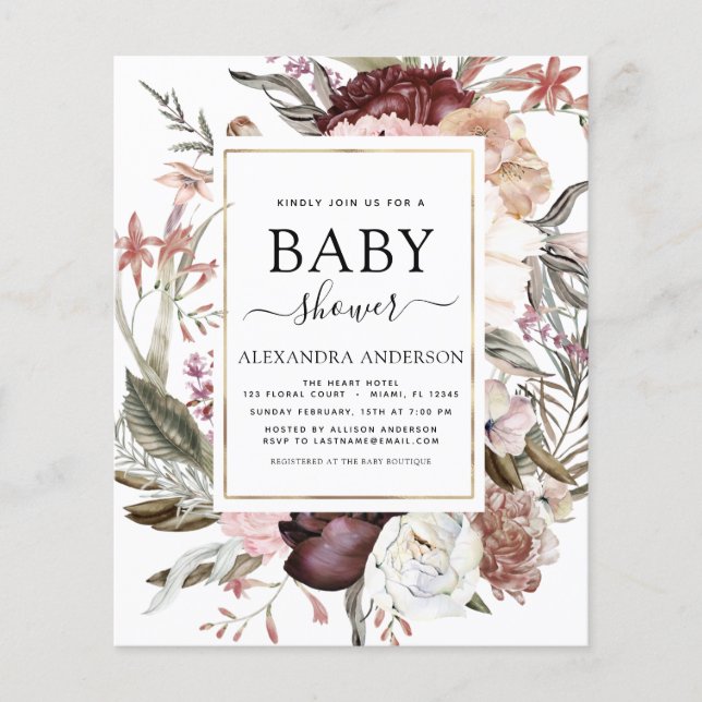 Budget Boho Dusty Pink Burgundy Baby Shower Flyer (Front)