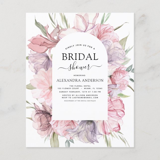 Budget Boho Dusty Pink Purple Bridal Shower Flyer (Front)