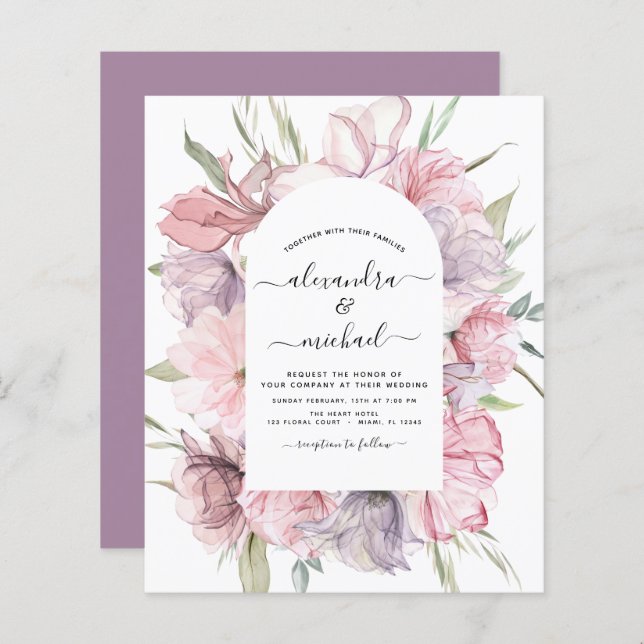 Budget Boho Dusty Pink Purple Wedding Invitation (Front/Back)