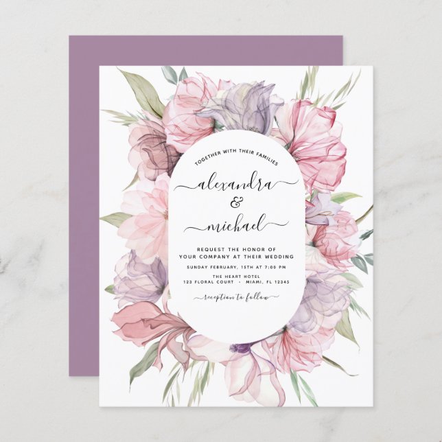 Budget Boho Dusty Pink Purple Wedding Invitation (Front/Back)