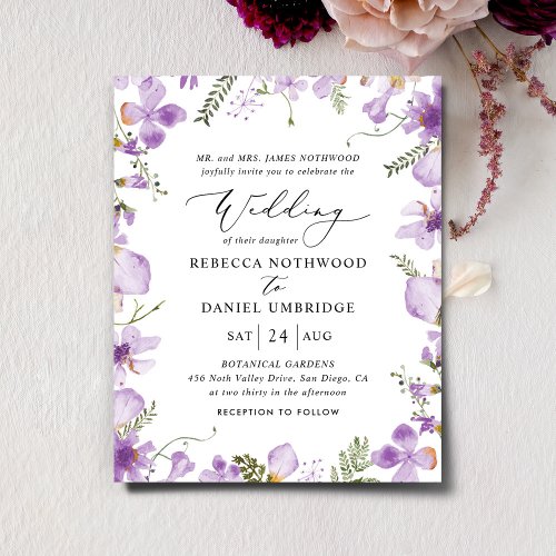 Budget Boho Elegant Purple Wedding Invitation