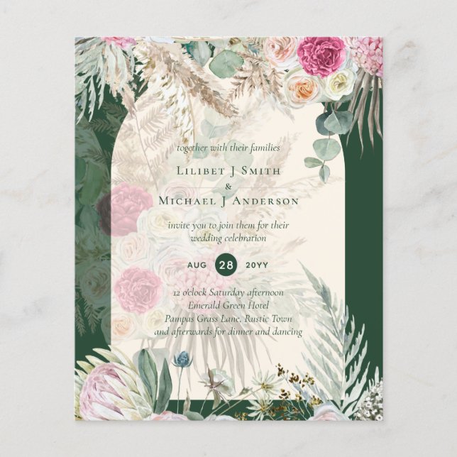 BUDGET BOHO Emerald Green BOHO Floral Pink Wedding (Front)
