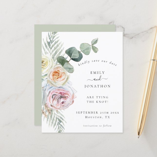 Budget Boho Eucalyptus Florals Wedding Save Date (Front/Back In Situ)