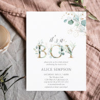 Budget Boho Eucalyptus Leaves Baby Boy Shower Invitation Postcard