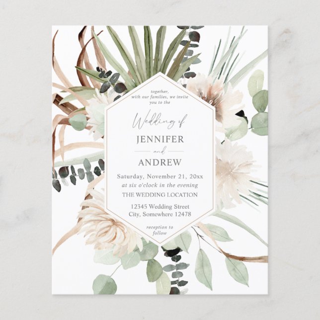 Budget Boho Eucalyptus Palm Leaf& Floral Wedding 3 Flyer (Front)