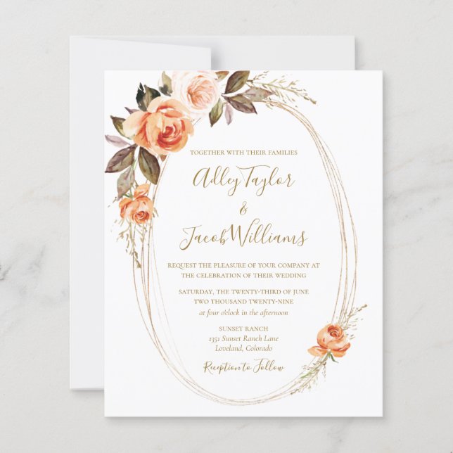 Budget Boho Fall Floral Orange Wedding Invitation (Front)