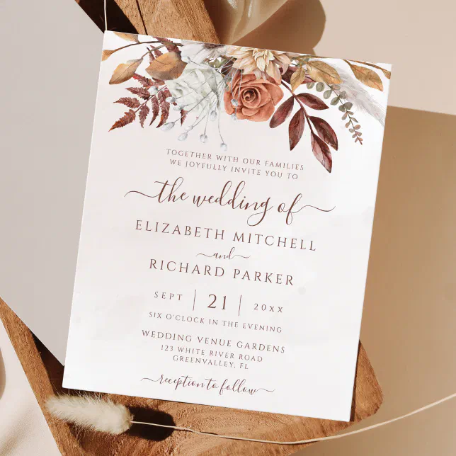 Budget Boho Fall Terracotta Floral Wedding Invite | Zazzle