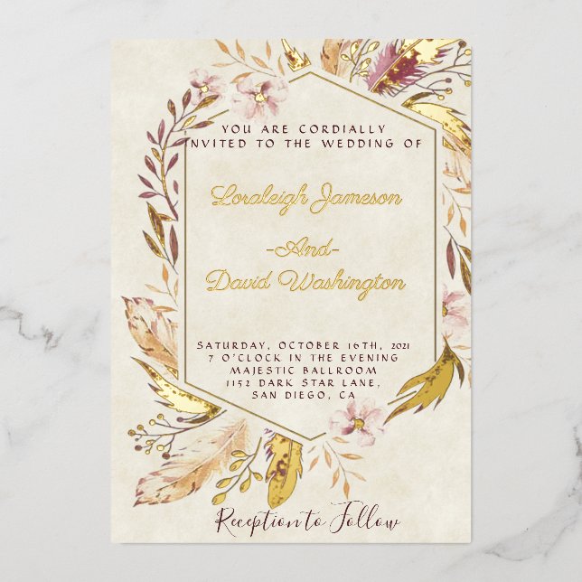 Budget Boho feathers wedding  Foil Invitation (Front)
