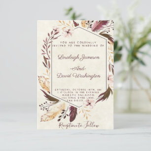 Budget Boho feathers wedding invitation