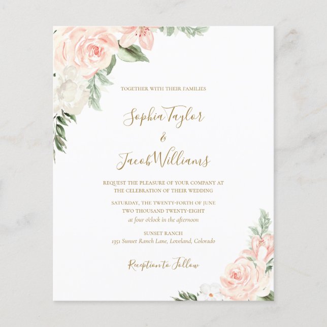 Budget Boho Floral Blush Pink Sage Wedding Invite (Front)
