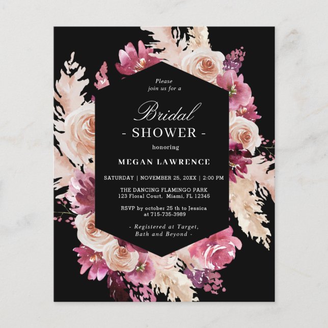 Budget Boho Floral Bridal Shower Black Invitation (Front)