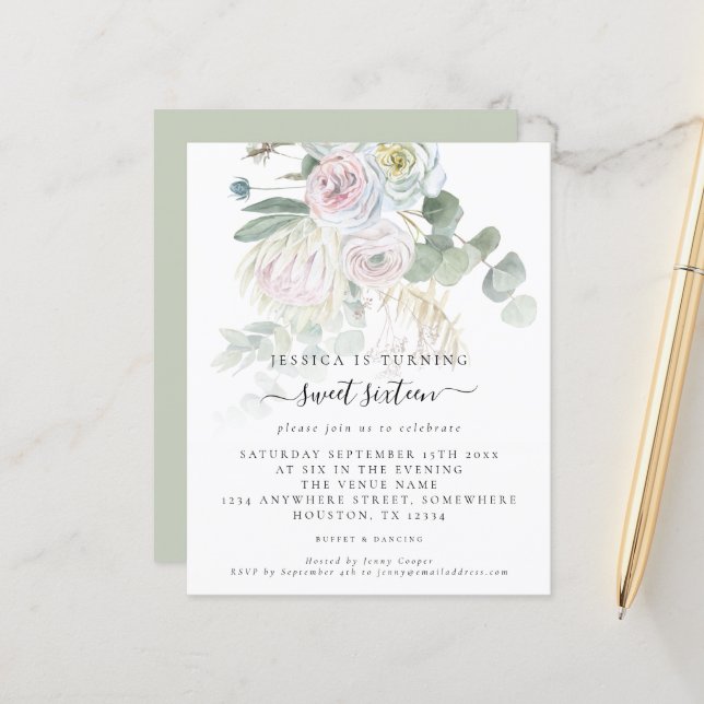 Budget Boho Floral Eucalyptus Sweet Sixteen Invite (Front/Back In Situ)